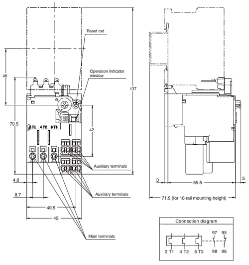 Mechanical Drawing - Omron Industrial Automation J7TC Thermal Overload Relay